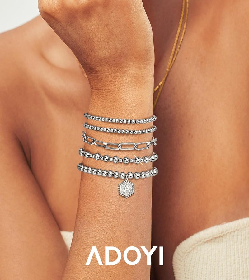adoyi Gold Bracelets for Women Beaded Bracelet 14K Gold Plated Bracelet Stack Strand Stretch Bead Ball Bracelet Set Stackable Bracelet Adjustable Bracelet Set Jewelry for Gifts - Image 2